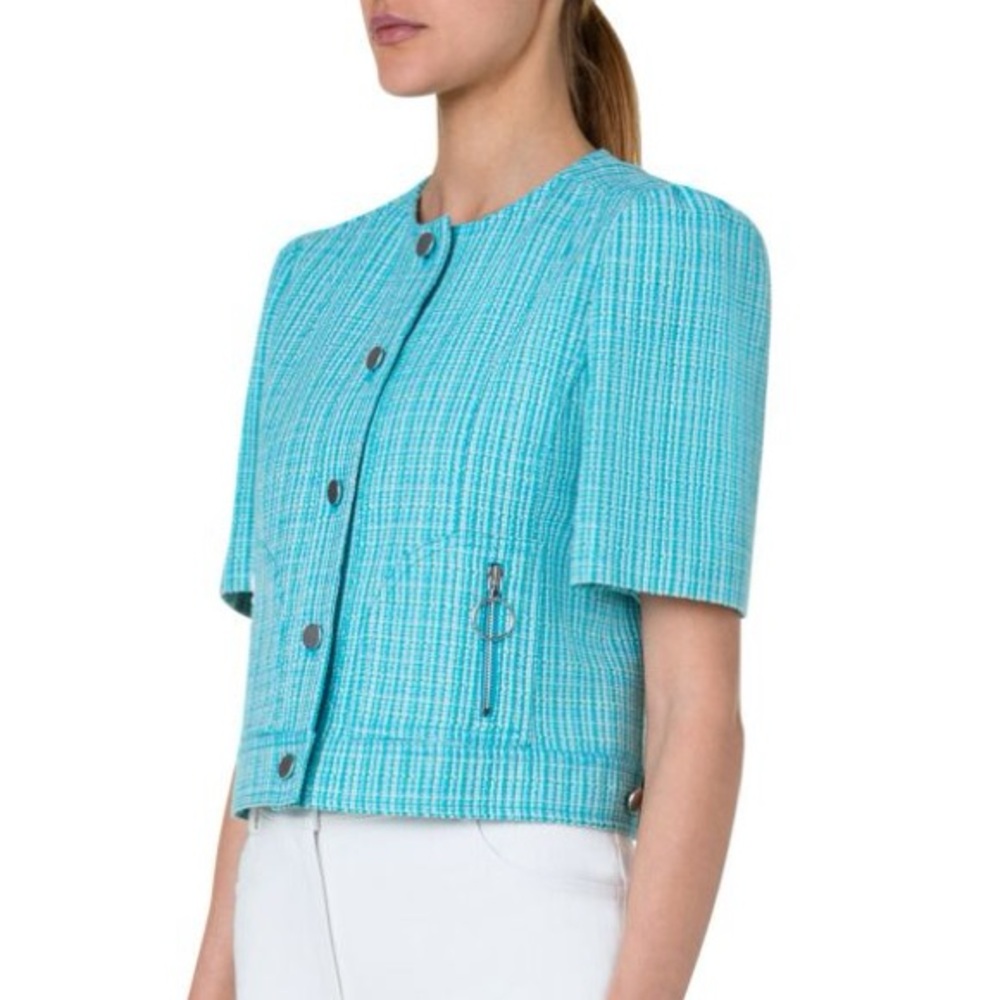 Akris Punto Tweed Linen Blend Cropped Jacket, NWT, size 10, Turquoise Blue Plaid